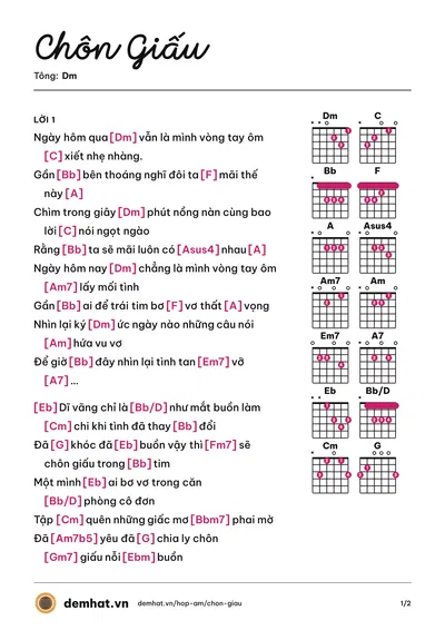 Hợp âm Chôn Giấu (Đông Nhi) – bản nhạc PDF trang 1, tông Dm