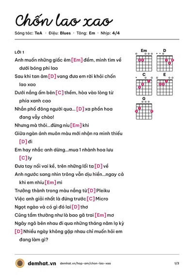 Hợp âm Chốn lao xao (TeA) – bản nhạc PDF trang 1, tông Em