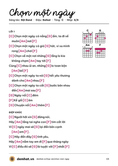 Hợp âm Chọn một ngày (Bệt Band) – bản nhạc PDF trang 1, tông C
