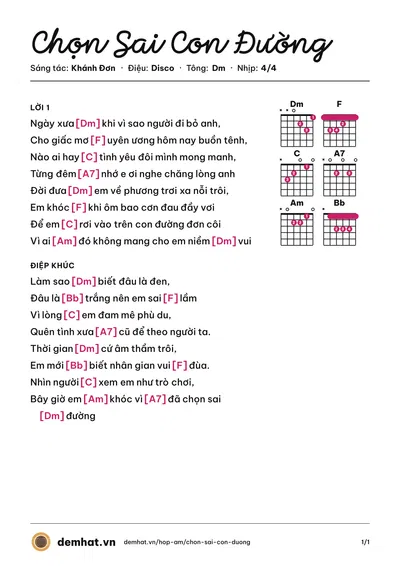 Hợp âm Chọn Sai Con Đường (Trịnh Tuấn Vỹ) – bản nhạc PDF trang 1, tông Dm