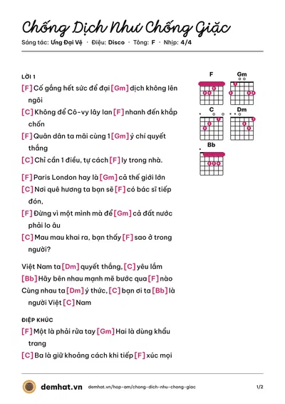 Hợp âm Chống Dịch Như Chống Giặc (Ưng Đại Vệ) – bản nhạc PDF trang 1, tông F