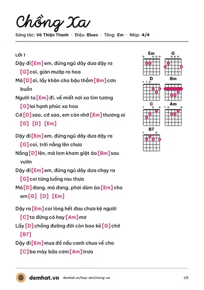 Hợp âm Chồng Xa (Cẩm Ly) – bản nhạc PDF trang 1, tông Em