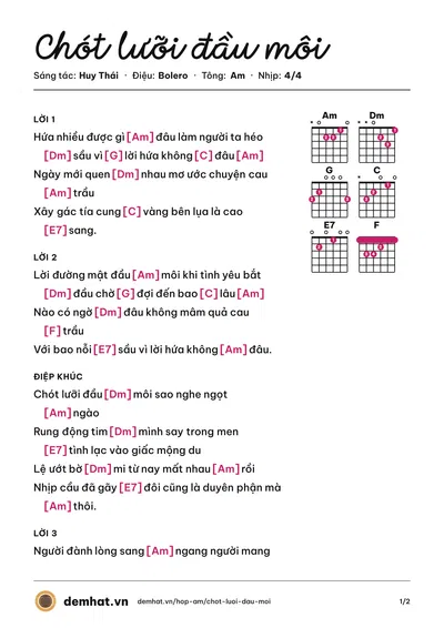 Hợp âm Chót lưỡi đầu môi (Đăng Anh) – bản nhạc PDF trang 1, tông Am