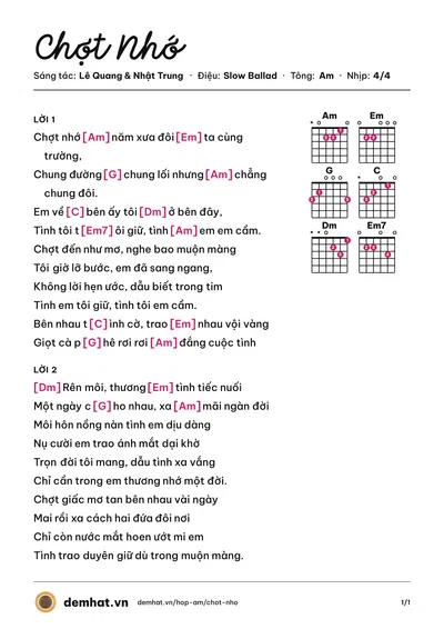 Hợp âm Chợt Nhớ (Dương Quốc Hưng) – bản nhạc PDF trang 1, tông Am