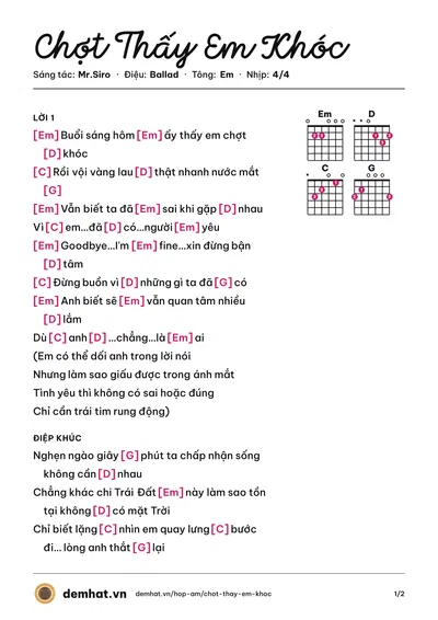 Hợp âm Chợt Thấy Em Khóc (Noo Phước Thịnh) – bản nhạc PDF trang 1, tông Em