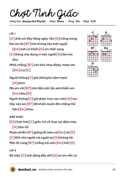 Hợp âm Chợt Tỉnh Giấc (Quang Anh Rhyder) – bản nhạc PDF trang 1, tông Em