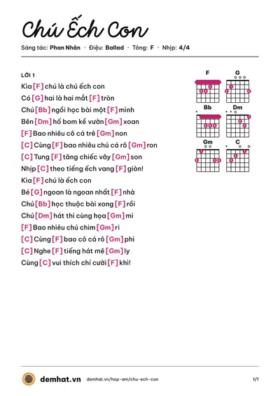 Hợp âm Chú Ếch Con (Xuân Mai) – bản nhạc PDF trang 1, tông F