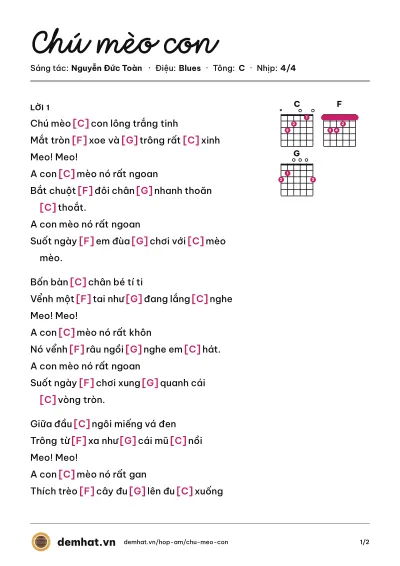 Hợp âm Chú mèo con (Bé Ngọc Ngân) – bản nhạc PDF trang 1, tông C