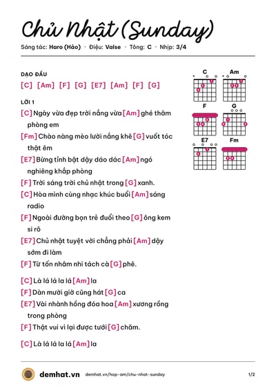 Hợp âm Chủ Nhật (Sunday) (Haro (Hảo)) – bản nhạc PDF trang 1, tông C