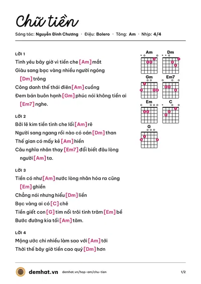 Hợp âm Chữ tiền (Nguyễn Đình Chương) – bản nhạc PDF trang 1, tông Am