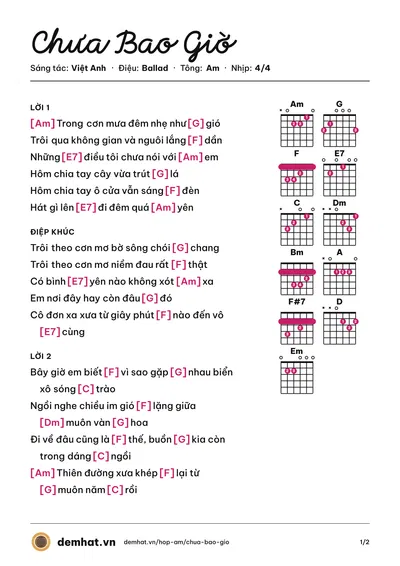 Hợp âm Chưa Bao Giờ (Phạm Hoài Nam) – bản nhạc PDF trang 1, tông Am