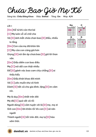 Hợp âm Chưa Bao Giờ Mẹ Kể (ERIK ST319) – bản nhạc PDF trang 1, tông Em