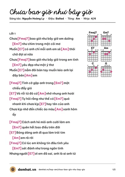 Hợp âm Chưa bao giờ như bây giờ (Nguyễn Hoàng Ly) – bản nhạc PDF trang 1, tông Am
