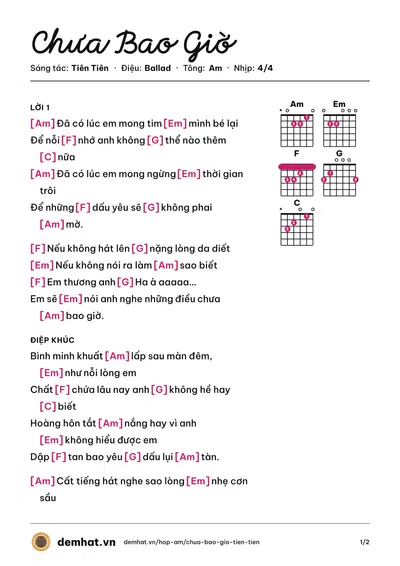 Hợp âm Chưa Bao Giờ (Trung Quân) – bản nhạc PDF trang 1, tông Am