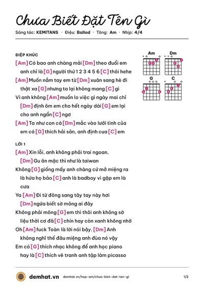 Hợp âm Chưa Biết Đặt Tên Gì (KEMITANS) – bản nhạc PDF trang 1, tông Am