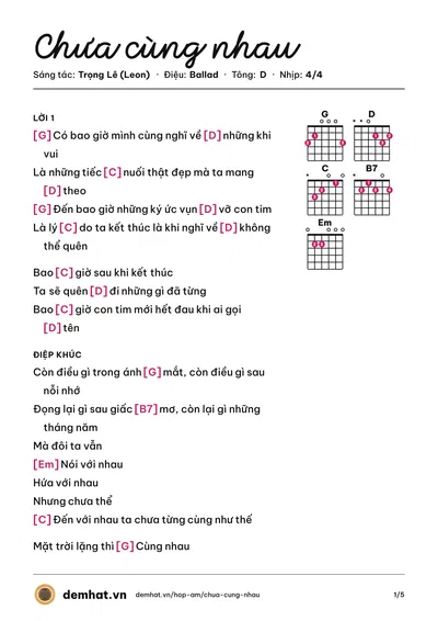 Hợp âm Chưa cùng nhau (SL3B) – bản nhạc PDF trang 1, tông D