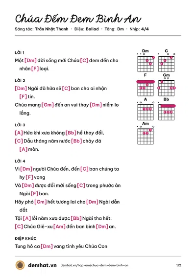 Hợp âm Chúa Đếm Đem Bình An (Trần Nhật Thanh) – bản nhạc PDF trang 1, tông Dm