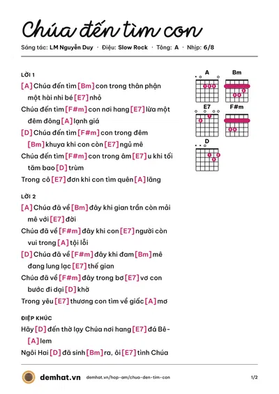 Hợp âm Chúa đến tìm con (LM Nguyễn Duy) – bản nhạc PDF trang 1, tông A