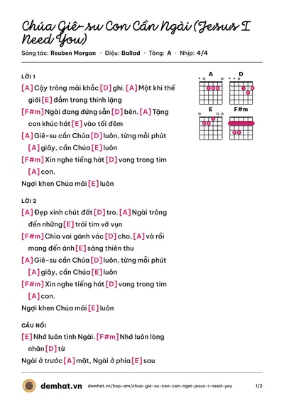 Hợp âm Chúa Giê-su Con Cần Ngài (Jesus I Need You) (Ca Đoàn Đắc Lộ) – bản nhạc PDF trang 1, tông A