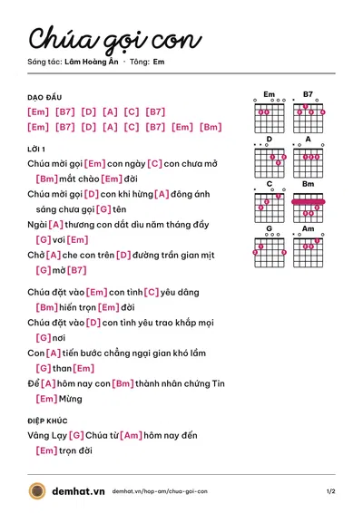 Hợp âm Chúa gọi con (Lâm Hoàng Ân) – bản nhạc PDF trang 1, tông Em