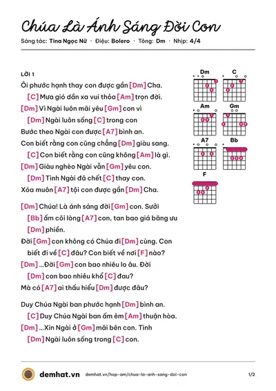 Hợp âm Chúa Là Ánh Sáng Đời Con (Tina Ngọc Nữ) – bản nhạc PDF trang 1, tông Dm
