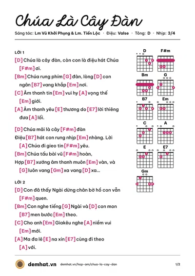 Hợp âm Chúa Là Cây Đàn (Lm. Tiến Lộc) – bản nhạc PDF trang 1, tông D
