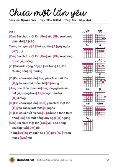 Hợp âm Chưa một lần yêu (Nhã Phương) – bản nhạc PDF trang 1, tông Dm
