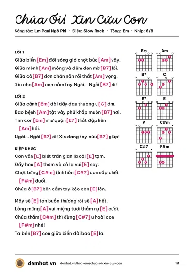 Hợp âm Chúa Ơi! Xin Cứu Con (Kiều Oanh Nguyễn) – bản nhạc PDF trang 1, tông Em