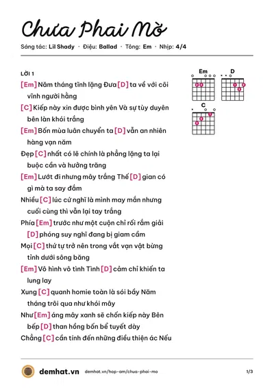 Hợp âm Chưa Phai Mờ (Lil Shady) – bản nhạc PDF trang 1, tông Em