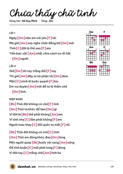 Hợp âm Chưa thấy chữ tình (Hồ Duy Minh) – bản nhạc PDF trang 1, tông Dm