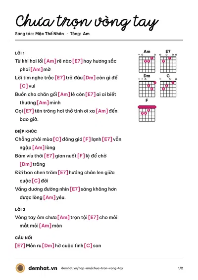 Hợp âm Chưa trọn vòng tay (Mặc Thế Nhân) – bản nhạc PDF trang 1, tông Am