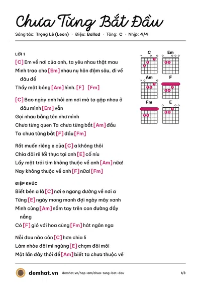 Hợp âm Chưa Từng Bắt Đầu (SiL) – bản nhạc PDF trang 1, tông C