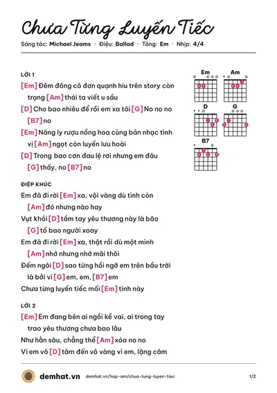 Hợp âm Chưa Từng Luyến Tiếc (3X3 Band) – bản nhạc PDF trang 1, tông Em