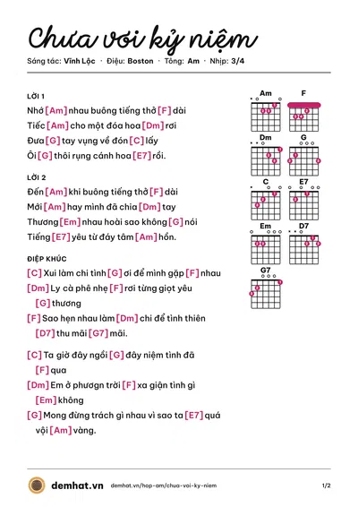 Hợp âm Chưa vơi kỷ niệm (Vĩnh Lộc) – bản nhạc PDF trang 1, tông Am