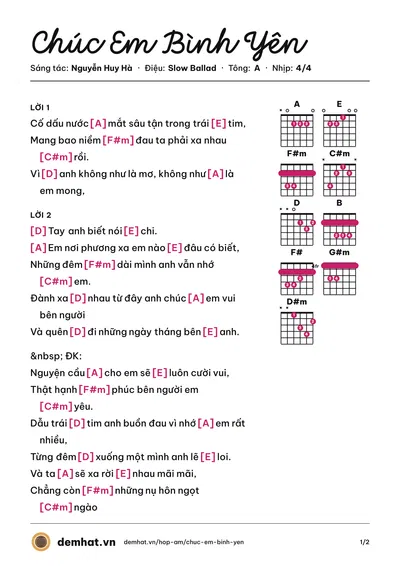 Hợp âm Chúc Em Bình Yên (Minh Vương) – bản nhạc PDF trang 1, tông A