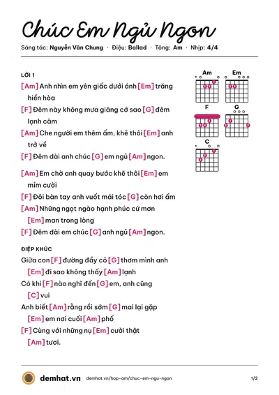 Hợp âm Chúc Em Ngủ Ngon (Thanh Thảo) – bản nhạc PDF trang 1, tông Am