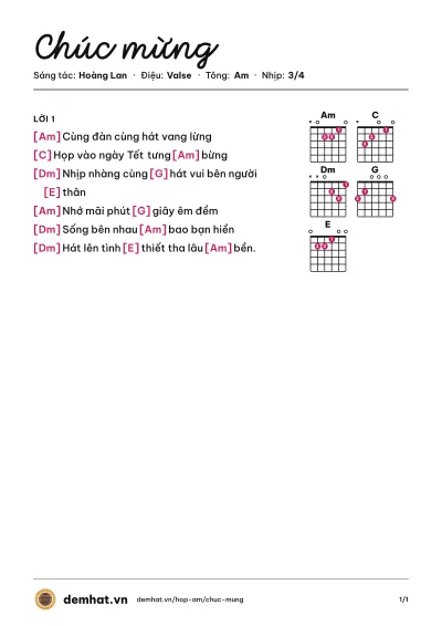 Hợp âm Chúc mừng (Tốp ca thiếu nhi) – bản nhạc PDF trang 1, tông Am