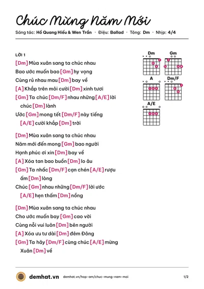 Hợp âm Chúc Mừng Năm Mới (Hồ Quang Hiếu) – bản nhạc PDF trang 1, tông Dm