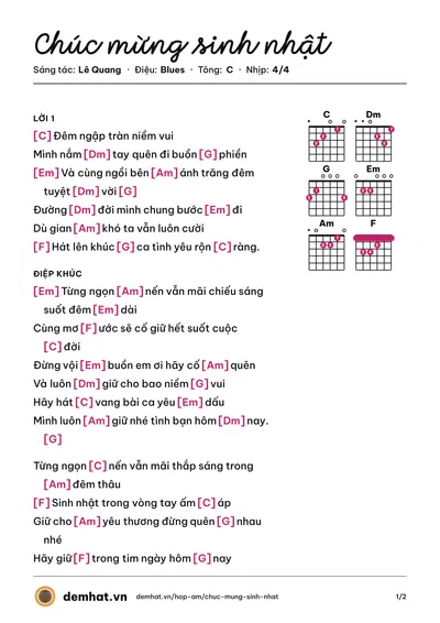 Hợp âm Chúc mừng sinh nhật (Quang Vinh) – bản nhạc PDF trang 1, tông C