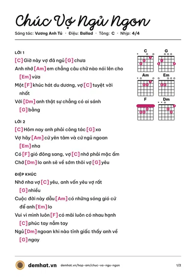 Hợp âm Chúc Vợ Ngủ Ngon (Vũ Duy Khánh) – bản nhạc PDF trang 1, tông C