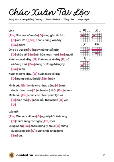 Hợp âm Chúc Xuân Tài Lộc (Mai Tiến Dũng) – bản nhạc PDF trang 1, tông Em