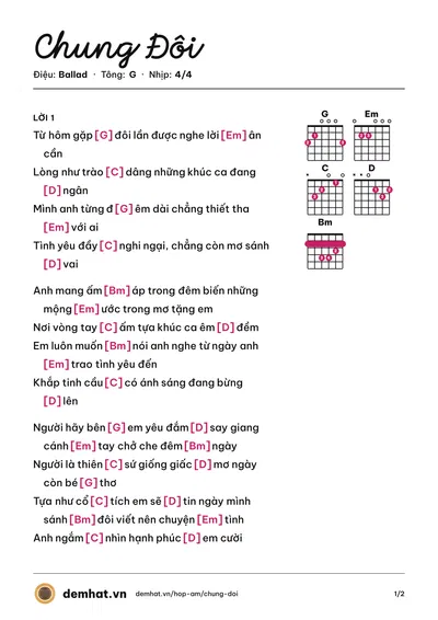 Hợp âm Chung Đôi (Diệp Bảo Ngọc) – bản nhạc PDF trang 1, tông G