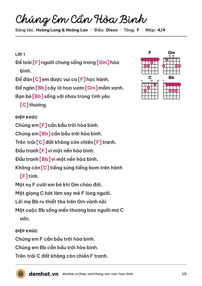 Hợp âm Chúng Em Cần Hòa Bình (Quân Keyboard) – bản nhạc PDF trang 1, tông F