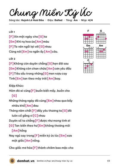 Hợp âm Chung Miền Ký Ức (Thư Nhã) – bản nhạc PDF trang 1, tông Am