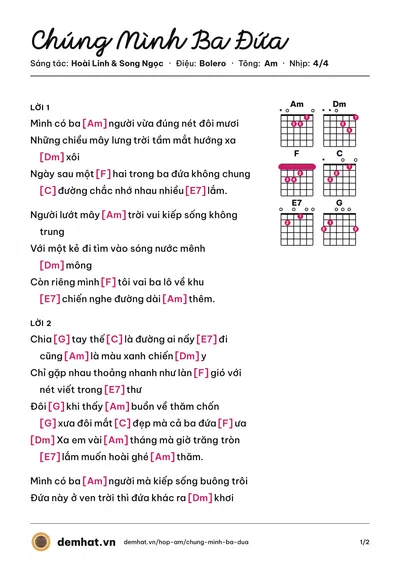 Hợp âm Chúng Mình Ba Đứa (Đan Nguyên) – bản nhạc PDF trang 1, tông Am