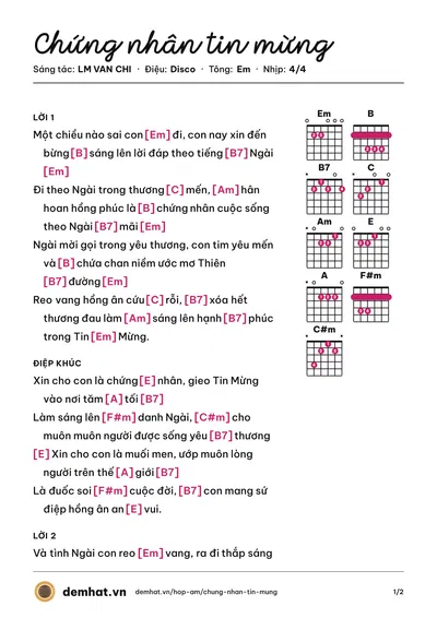Hợp âm Chứng nhân tin mừng (LM VAN CHI) – bản nhạc PDF trang 1, tông Em
