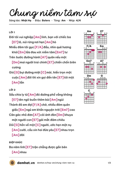Hợp âm Chung niềm tâm sự (Nhật Hạ) – bản nhạc PDF trang 1, tông Am