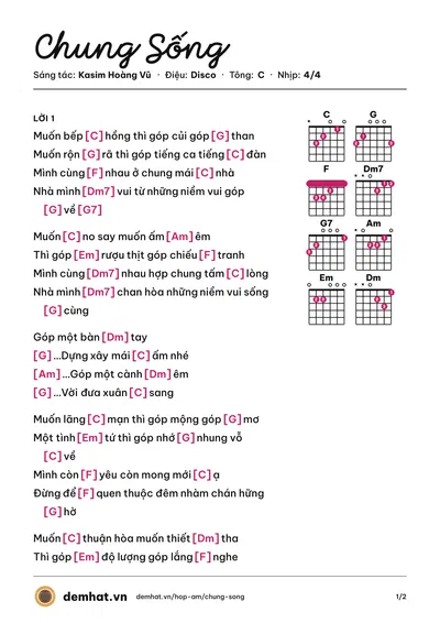Hợp âm Chung Sống (Kasim Hoàng Vũ) – bản nhạc PDF trang 1, tông C
