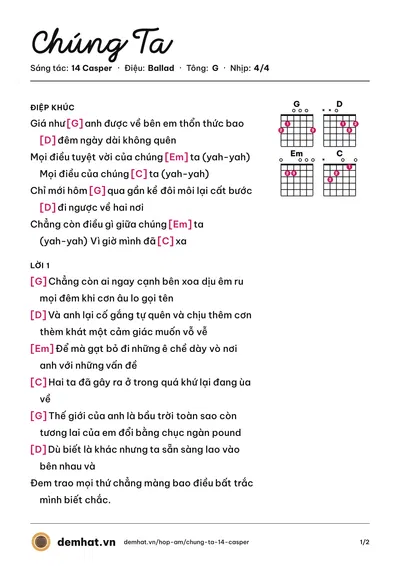Hợp âm Chúng Ta (14 Casper) – bản nhạc PDF trang 1, tông G