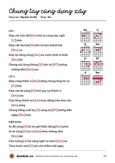 Hợp âm Chung tay cùng dựng xây (Trung Nghĩa) – bản nhạc PDF trang 1, tông Em